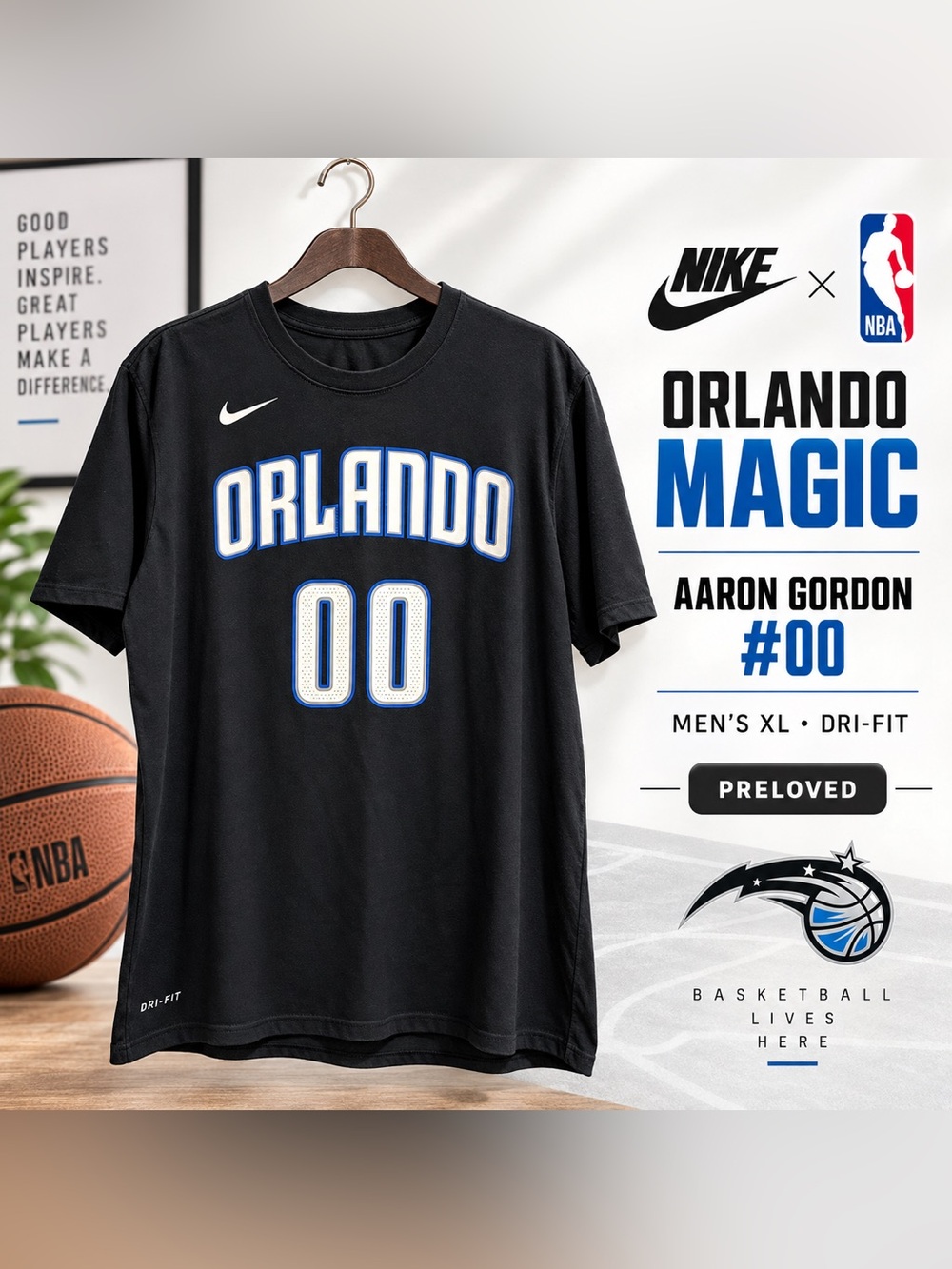 Nike NBA Orlando Magic Aaron Gordon #00 Dri-FIT T-Shirt Black Men’s XL